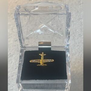 Vintage airplane Brooch lapel pin rhinestone crystals gold tone Tie tack pilot